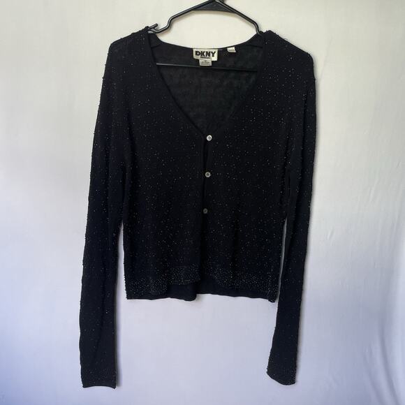 Y2K DKNY Jeans Beaded Cardigan Sweater Black Button Front Oversized M Vamp Glam - Picture 8 of 9